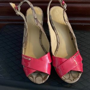 Coach Red Patent Leather logo wedges